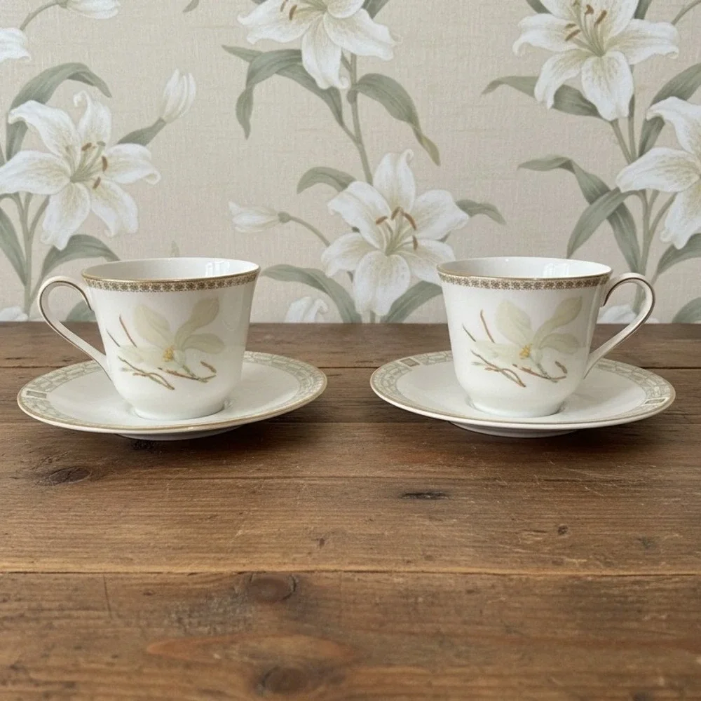 Royal Doulton White Nile Teacup & Saucers, Set of 2 Vintage Fine China Tableware